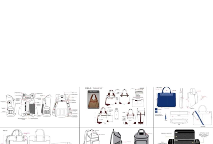 bag technical drawing for manufacturer, backpack, handbag, tote bag and suitcase